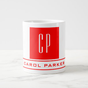 Modern Monogram Professional Plain Name Red White Large Coffee Mug