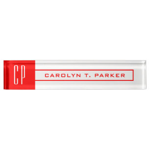 Modern Monogram Professional Plain Name Red White Nameplate