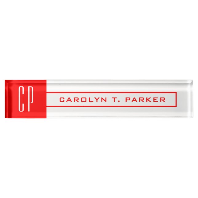 Modern Monogram Professional Plain Name Red White Nameplate (Front)