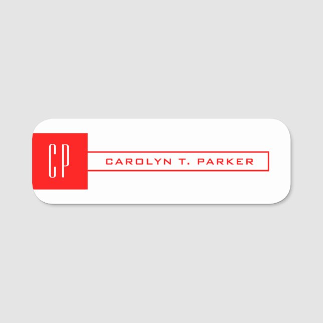 Modern Monogram Professional Plain Name Red White Tag (Front)