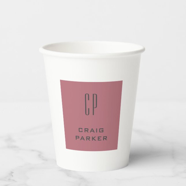 Modern Monogram Professional Plain Rose Gold White Paper Cups (Front)