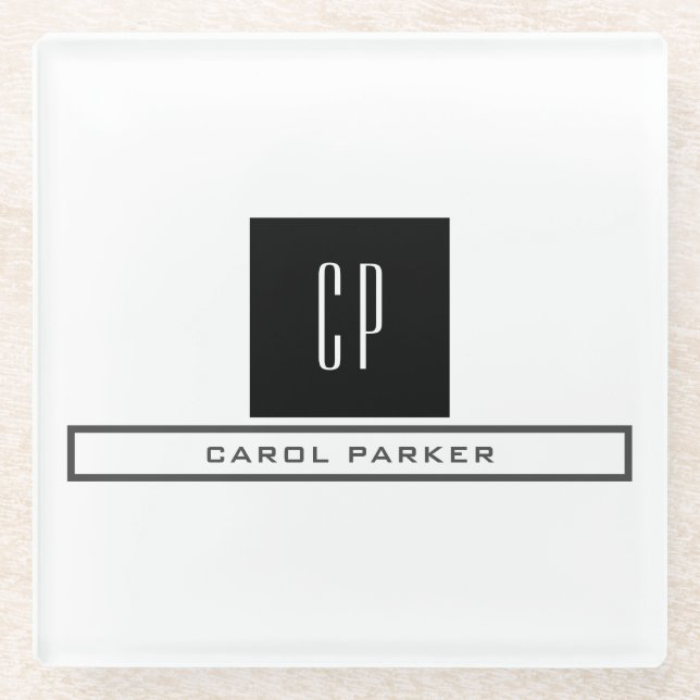 Modern Monogram Professional Plain Simple Name Glass Coaster (Front)