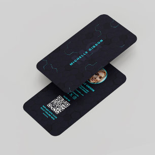 Modern Monogram Professional Tech Dark Neon Blue Business Card