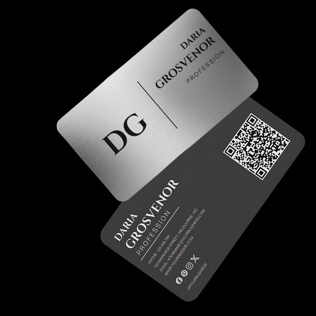 Modern Monogram Professonal  Faux Silver QR Code Business Card (Creator Uploaded)