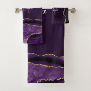 modern monogram purple and gold agate bath towel set