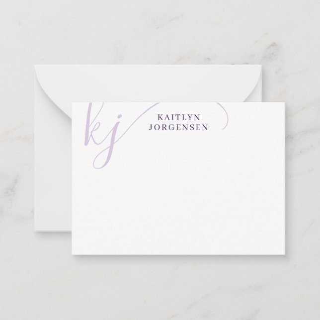 Modern Monogram Purple Fancy Script Initials Card (Front)