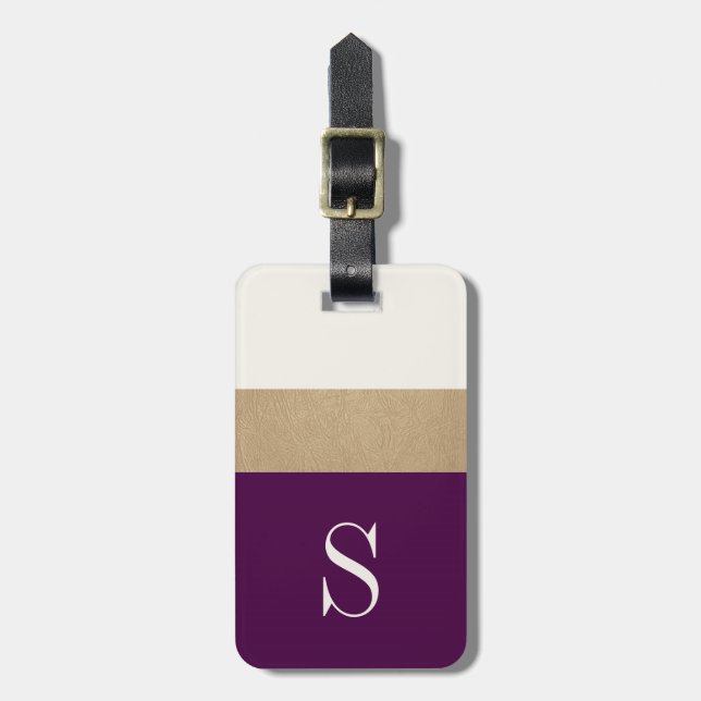 Modern Monogram Purple Gold Striped | Luggage Tag (Front Vertical)