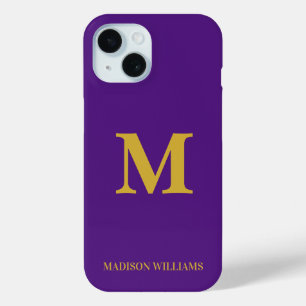 Modern Monogram Purple & Gold Stylish Minimalist iPhone 15 Case