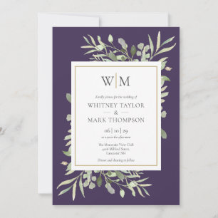 Modern Monogram Purple Greenery Wedding Invitation