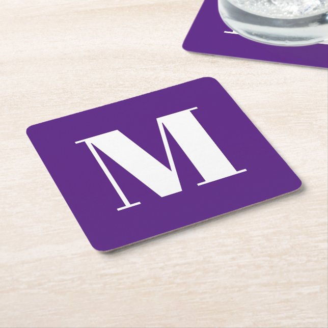 Modern monogram purple white custom initial letter square paper coaster (Angled)