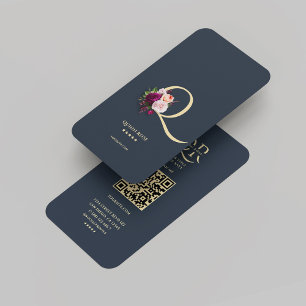 Modern Monogram Q Floral Dark Blue Gold Business Card