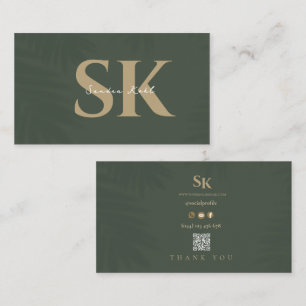 Modern Monogram QR code dark green social  icons Business Card