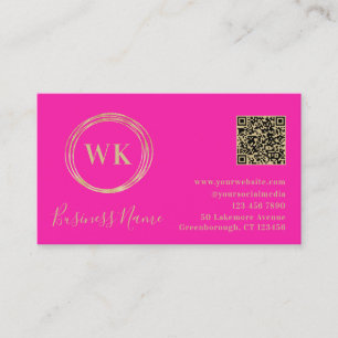 Modern Monogram QR Code Hot Pink Gold Business Card