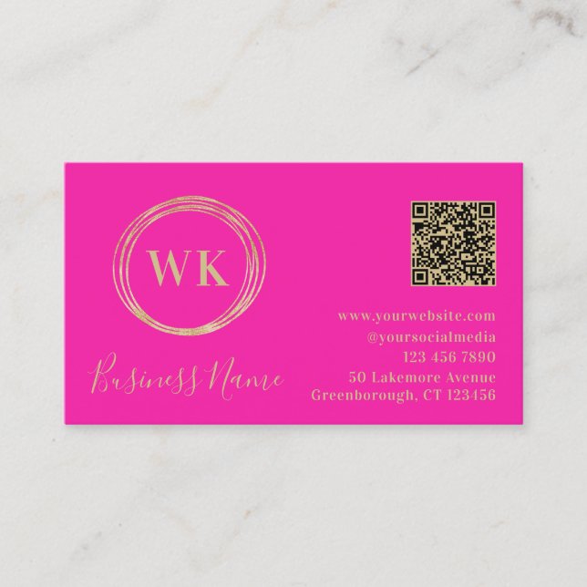 Modern Monogram QR Code Hot Pink Gold Business Card (Front)