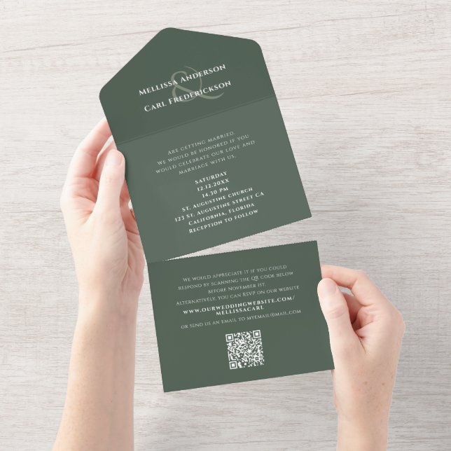 Modern Monogram QR Code Wedding RSVP Moss Green  All In One Invitation (Tearaway)