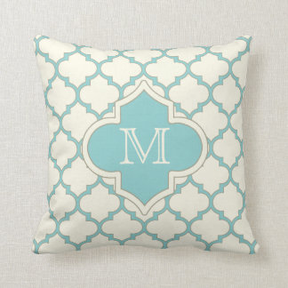 Modern Monogram Quatrefoil Pattern Ivory Turquoise Cushion