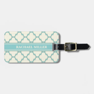 Modern Monogram Quatrefoil Pattern Ivory Turquoise Luggage Tag