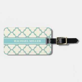 Modern Monogram Quatrefoil Pattern Ivory Turquoise Luggage Tag