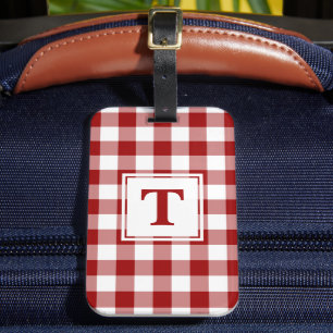 Modern Monogram Red and White Gingham Pattern Luggage Tag