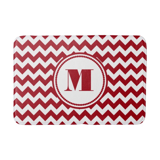 Modern Monogram Red Chevron Stripes Bath Mat (Front)