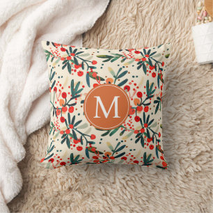 Modern Monogram Red Christmas Holly Berries Cushion