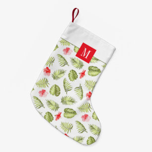 Modern Monogram Red Green Botanical Palm Leaves Small Christmas Stocking