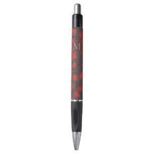 Modern Monogram Red Maple Leaf Grey