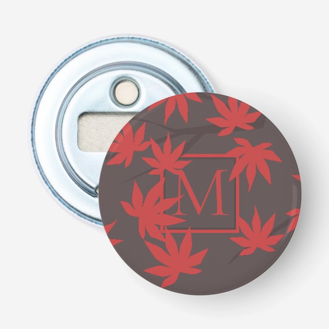 Modern Monogram Red Maple Leaf Grey Bottle Opener (Front)