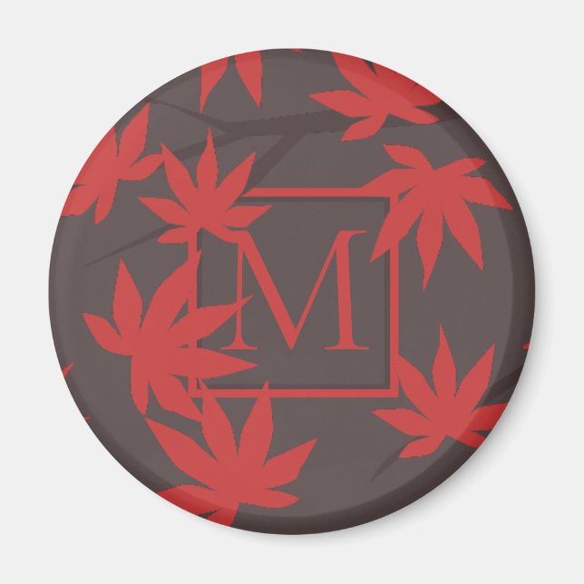 Modern Monogram Red Maple Leaf Grey Magnet (Front)