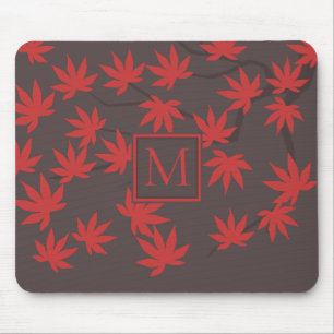 Modern Monogram Red Maple Leaf Grey Mouse Mat