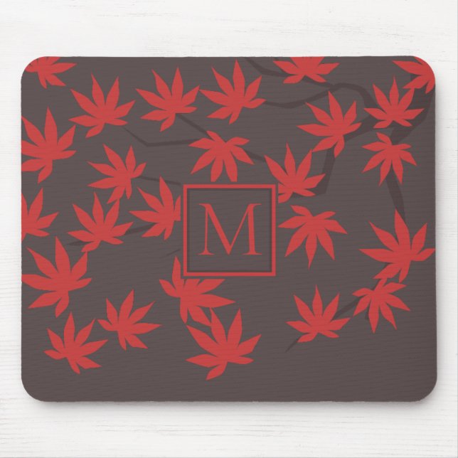Modern Monogram Red Maple Leaf Grey Mouse Mat (Front)