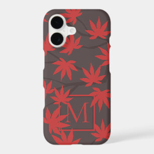 Modern Monogram Red Maple Leaf Grey Stylish