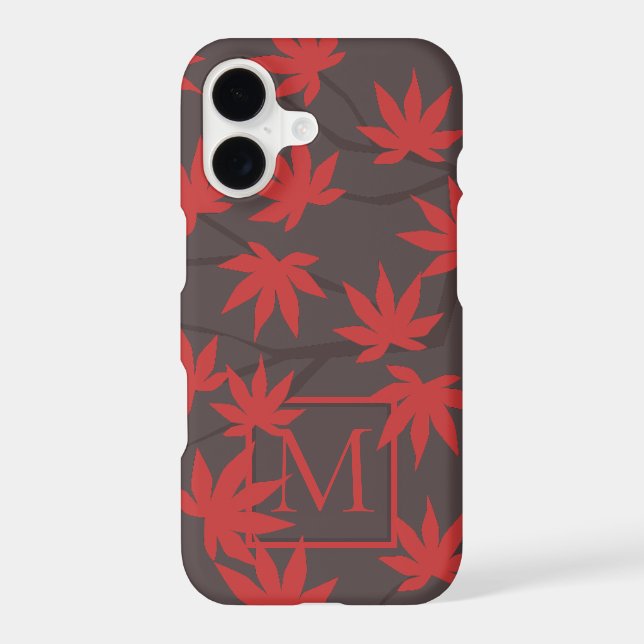 Modern Monogram Red Maple Leaf Grey Stylish (Back)