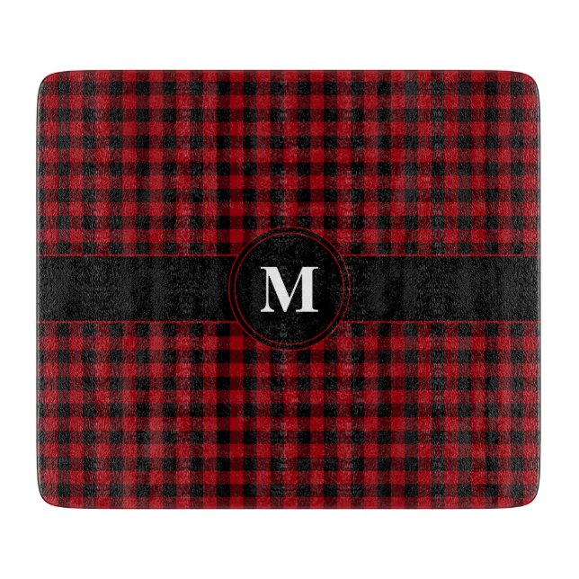 Modern Monogram Red Plaid Pattern Cutting Board (Front)