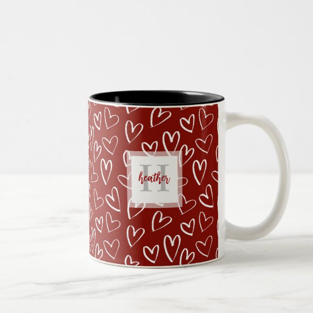 Modern Monogram Red Valentine Heart Pattern Two-Tone Coffee Mug (Right)