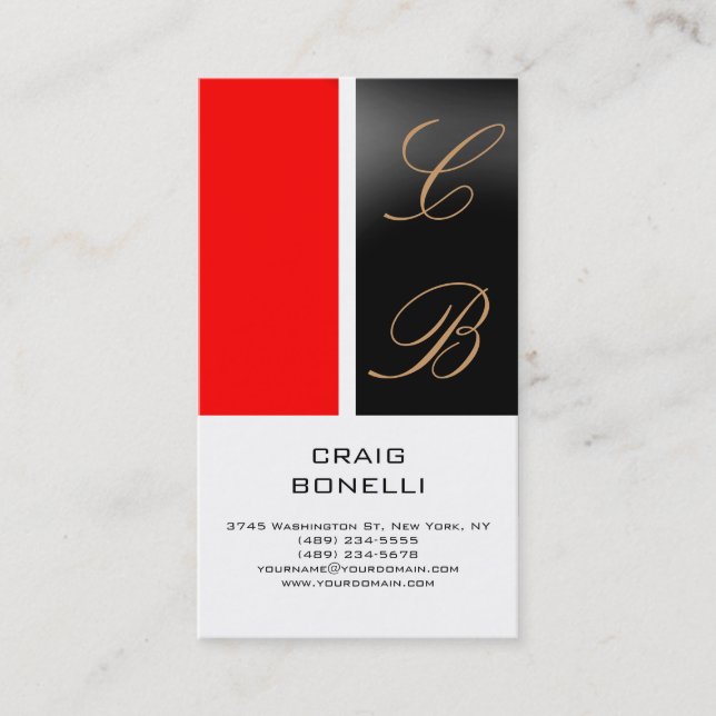 Modern Monogram Red White Black Business Card (Front)