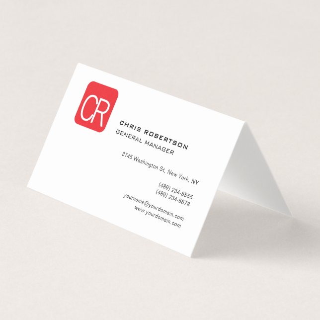 Modern Monogram Red White Professional Plain Business Card (Front)