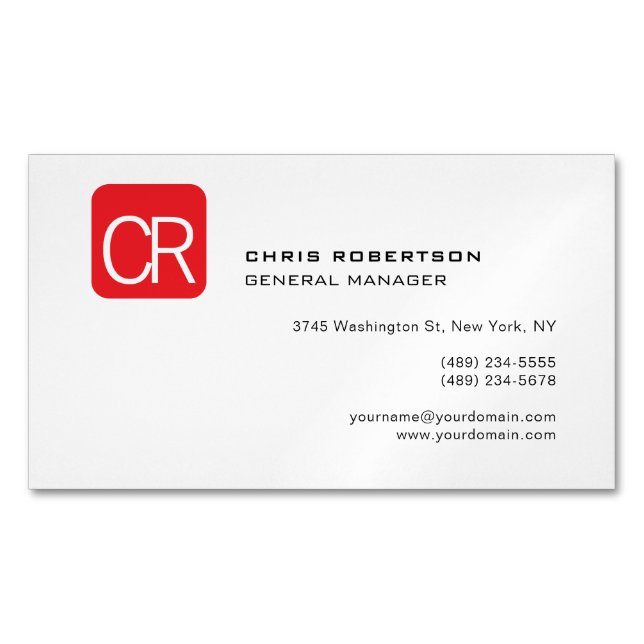 Modern Monogram Red White Professional Plain Magnetic Business Card (Front)