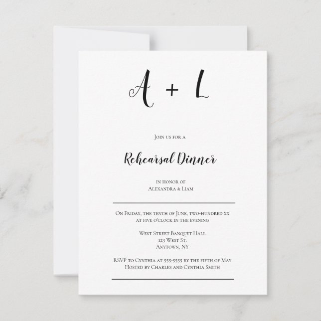 Modern monogram rehearsal dinner invitations (Front)