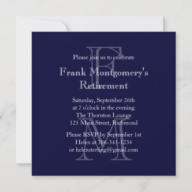 Modern Monogram Retirement Invitation (navy) (Front)