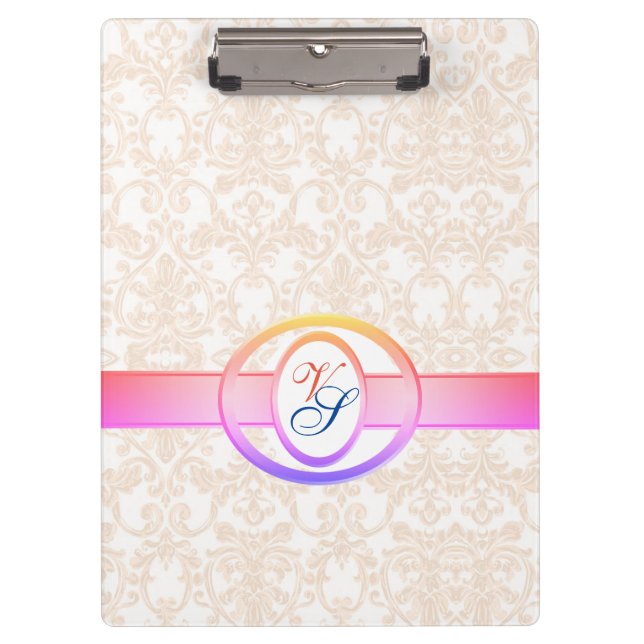 Modern Monogram Retro Antique Pattern Vintage Pink Clipboard (Front)