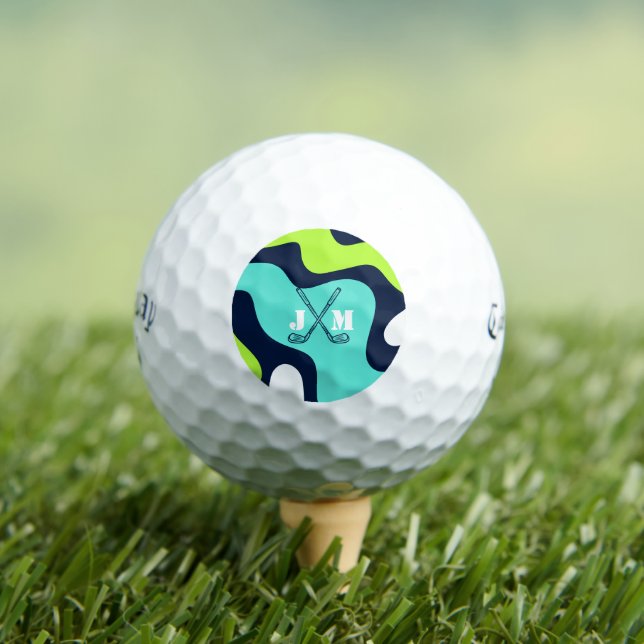 Modern Monogram Retro Wave Blue Green  Golf Balls (Insitu Tee)