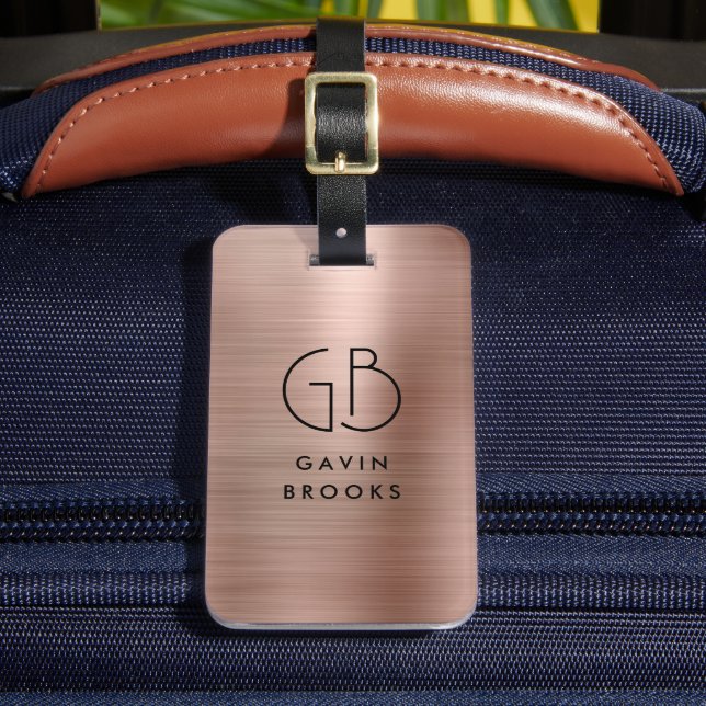 Modern Monogram Rose Gold Elegant Brushed Metallic Luggage Tag (Front Insitu 2)