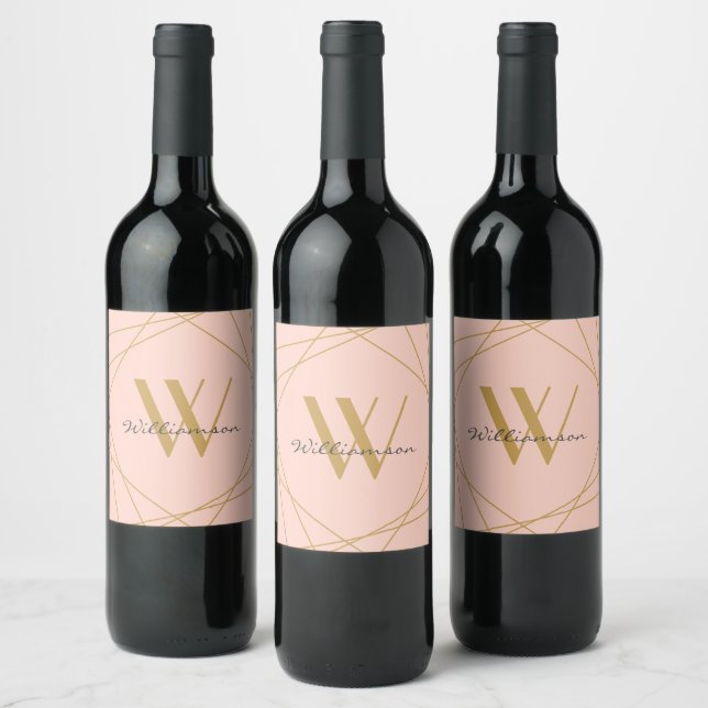 Modern Monogram Rose Gold Geometric Name Script Wine Label (Bottles)