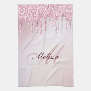 ,modern monogram rose gold purple glitter tea towel