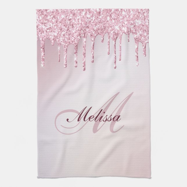 ,modern monogram rose gold purple glitter tea towel (Vertical)