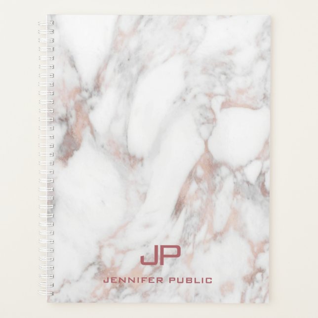 Modern Monogram Rose Gold White Marble Elegant Planner (Front)