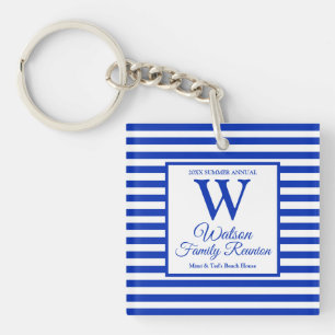 Modern Monogram Royal Blue Stripes Family Reunion Key Ring