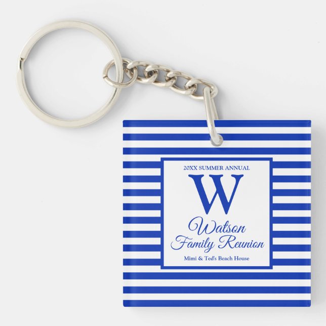 Modern Monogram Royal Blue Stripes Family Reunion Key Ring (Front)