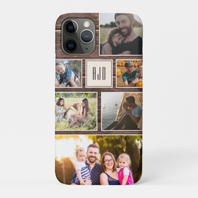 Modern Monogram Rustic Family Photo Collage Case-Mate iPhone Case (Back)